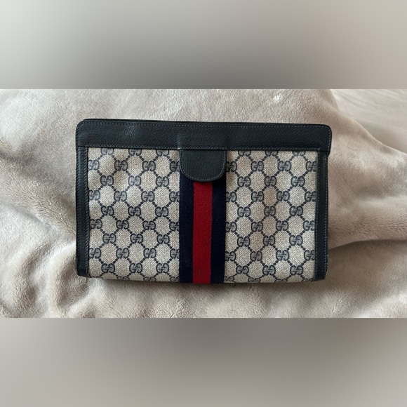 The Unbranded Brand Handbags - Beige and Navy GG Monogram Clutch with Striped Logo Accent